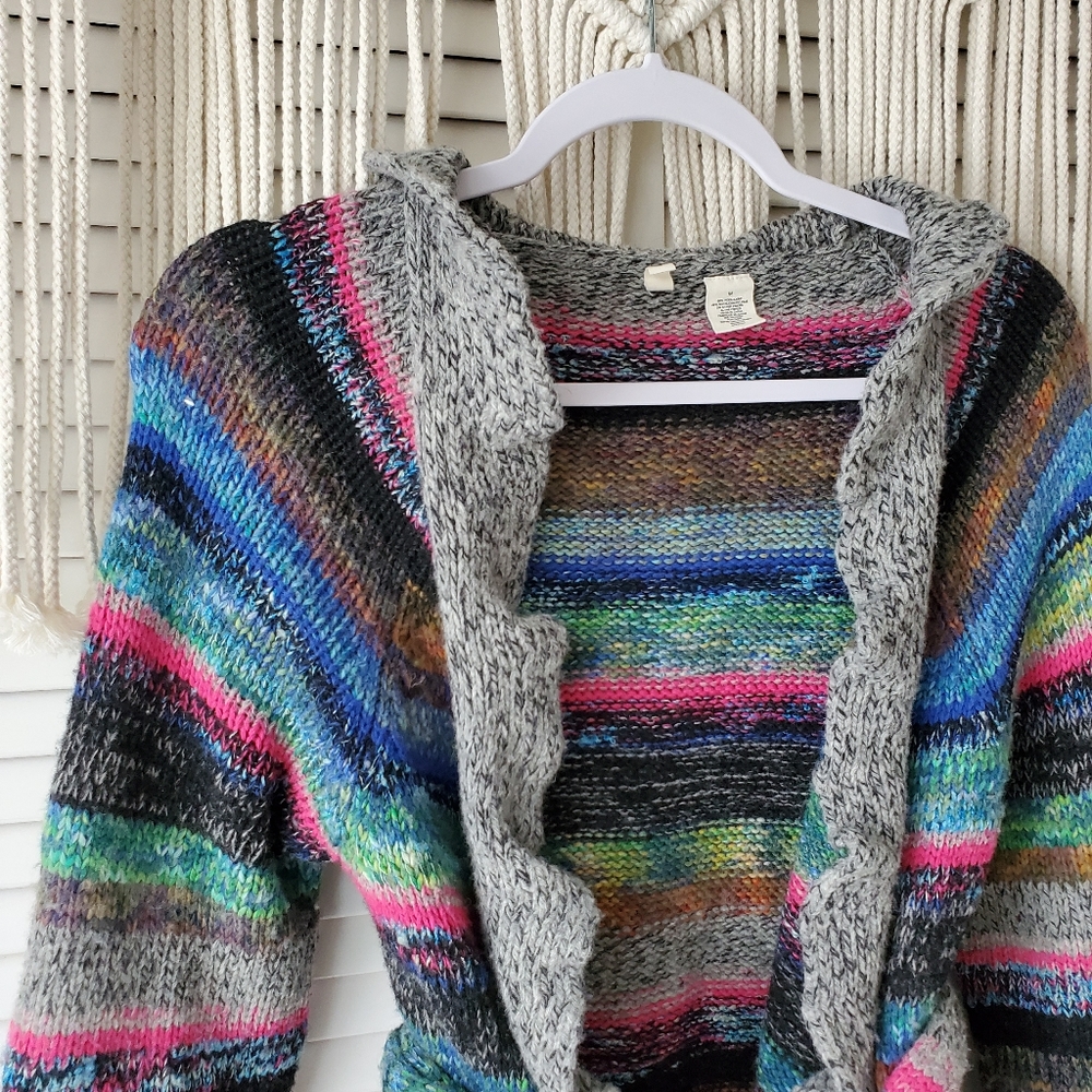 ANTHRO MOTH Rainbow Striped Knit Ruffle Cardigan M - Picture 3 of 6